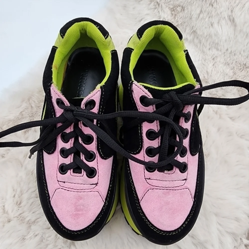 Y2K horoscope 90s HUGE neon chunky platform heel in pink green and black, velvet